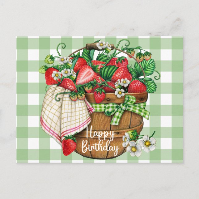 Cartão Postal Feliz aniversário Rustic Strawberry Fruta Basket (Frente)