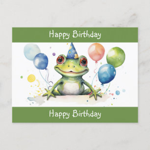 Cartão Postal Feliz Aniversário Sapo Verde Fofo com balões