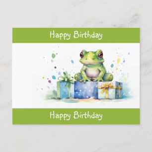 Cartão Postal Feliz Aniversário Sapo Verde Fofo com presentes em