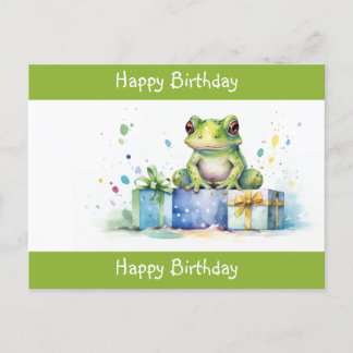 Cartão Postal Feliz Aniversário Sapo Verde Fofo com presentes em
