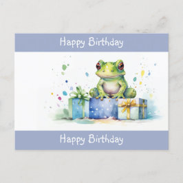 Cartão Postal Feliz Aniversário Sapo Verde Fofo com presentes em