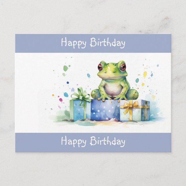 Cartão Postal Feliz Aniversário Sapo Verde Fofo com presentes em (Frente)