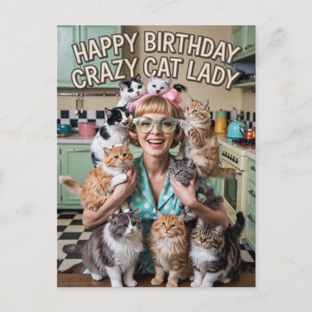 Cartão Postal Feliz Aniversário senhora louca dos gatos engraçad (Frente)