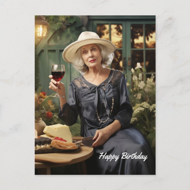 Cartão Postal Feliz aniversário Senhora no jardim com vinho e qu (Frente)