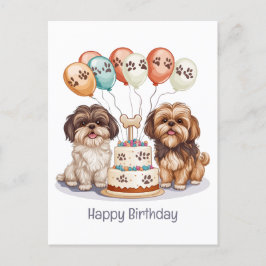 Cartão Postal Feliz Aniversário Shih Tzu Cães Bolo de Aniversári