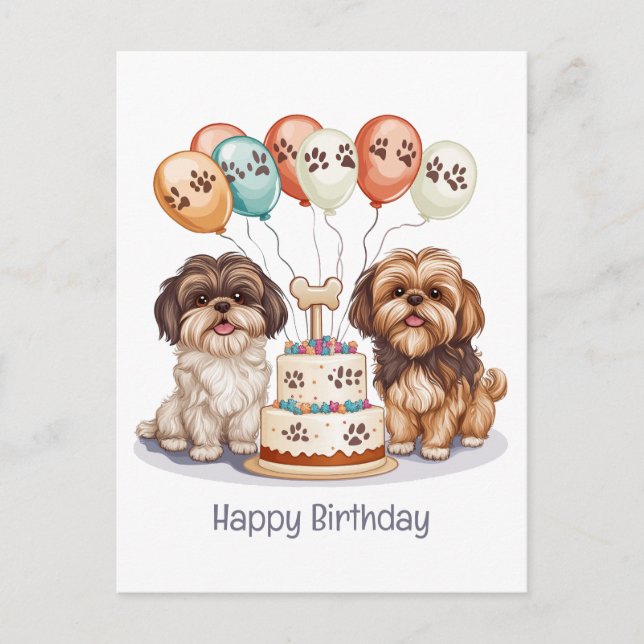 Cartão Postal Feliz Aniversário Shih Tzu Cães Bolo de Aniversári (Frente)