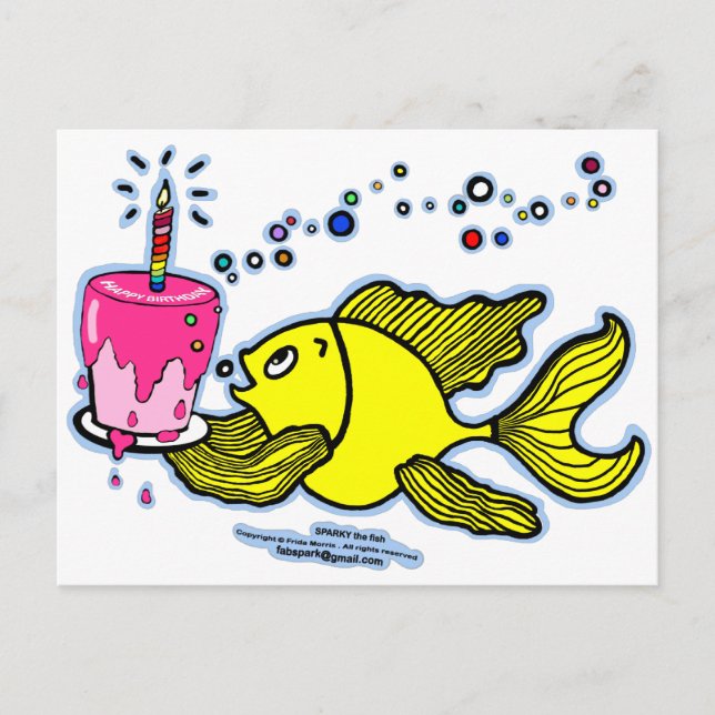 Cartão Postal Feliz aniversário, Sparky com bolo e vela (Frente)