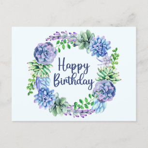 Cartão Postal Feliz Aniversário Suculentas Aquarela Plantas, Fol