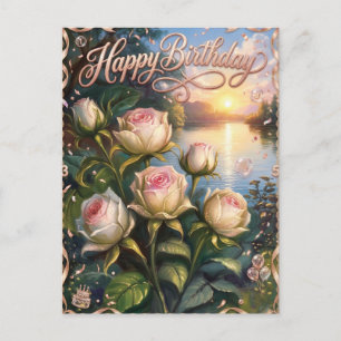 Cartão Postal Feliz Aniversário Sunset Lake com Rosas