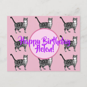 Cartão Postal Feliz Aniversário Tabby Cat Mulheres Nome Cartão-p