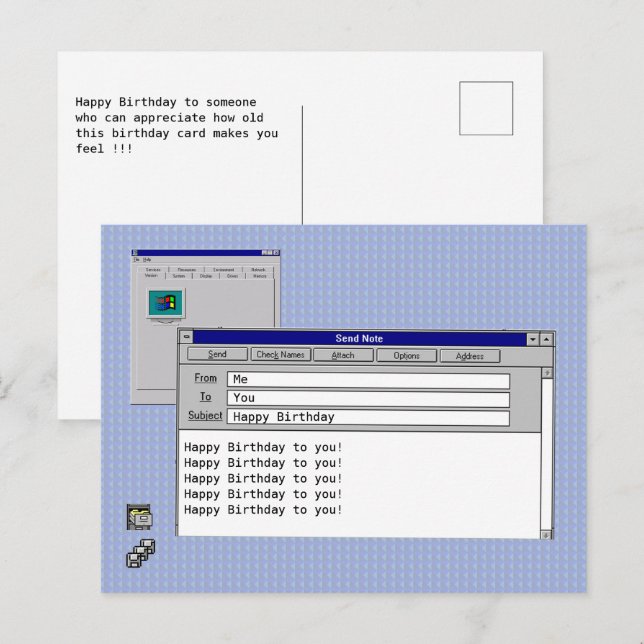 Cartão Postal Feliz Aniversário Tema Personalizado do Windows 95 (Frente/Verso)