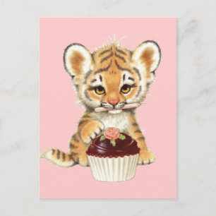Cartão Postal Feliz Aniversário - Tigre Fofo com Bolo de Anivers