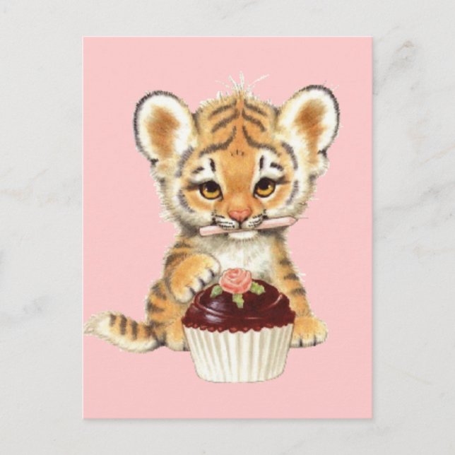 Cartão Postal Feliz Aniversário - Tigre Fofo com Bolo de Anivers (Frente)