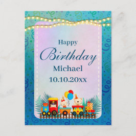 Cartão Postal Feliz Aniversário Trem Com Desejos de Animais Fofo