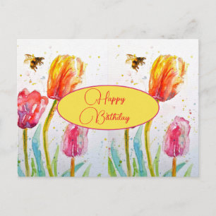 Cartão Postal Feliz Aniversário Tulipa floral Rosa Vermelho Cart