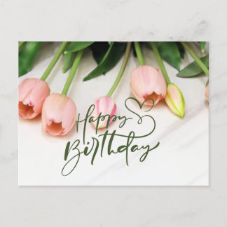 Cartão Postal Feliz Aniversário Tulipas Rosa Flores 