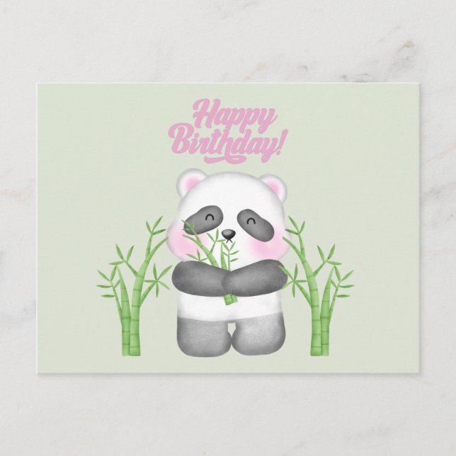 Cartão Postal Feliz Aniversário Urso Panda Fofo e Bambu (Frente)