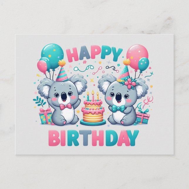 Cartão Postal Feliz Aniversário Ursos Koala Fofos (Frente)