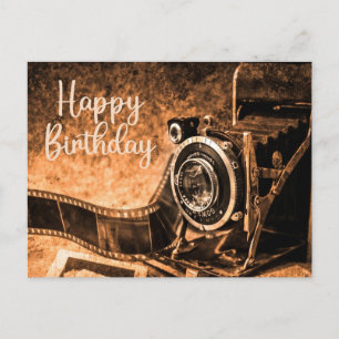 Cartão Postal Feliz Aniversário Velha Câmera de Filme Antigo  