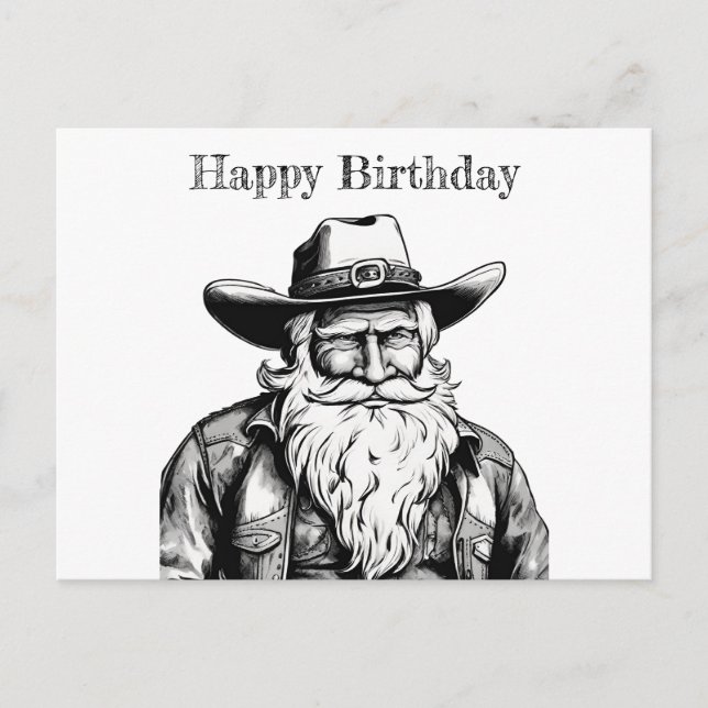 Cartão Postal Feliz Aniversário Velho Cowboy na Jaqueta de Couro (Frente)