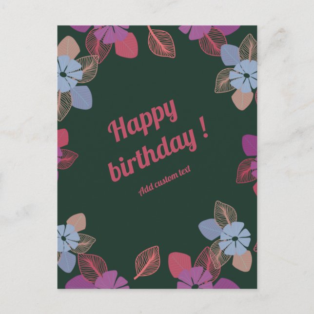 Cartão Postal Feliz aniversário verde floral simples (Frente)