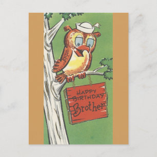 Cartão Postal Feliz Aniversário Vintage Para Irmão Com Coruja