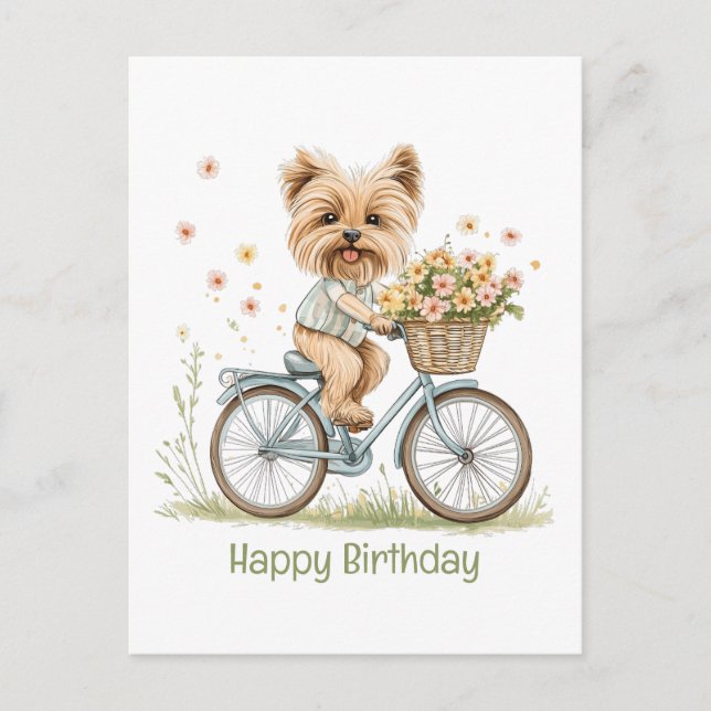 Cartão Postal Feliz Aniversário Yorkie Ciclismo Flores de Primav (Frente)