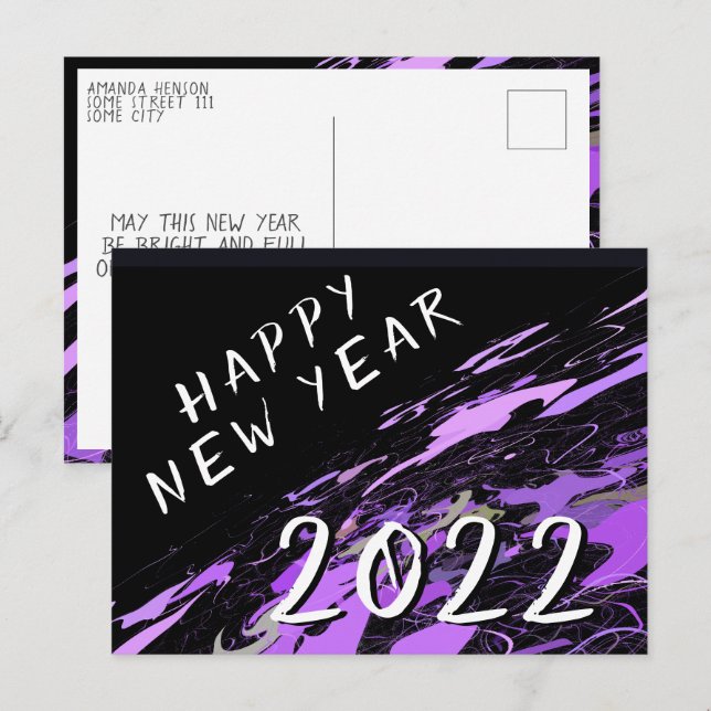 Cartão Postal Feliz Ano Novo 2022 Preto Roxo Abstrato Moderno (Frente/Verso)
