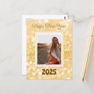 Cartão Postal Feliz ano novo 2025 Glitter Dourado Elegante