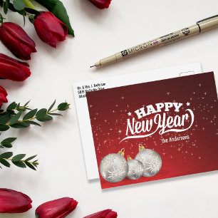 Cartão Postal feliz ano novo   Baleeiras prateadas   Vermelho
