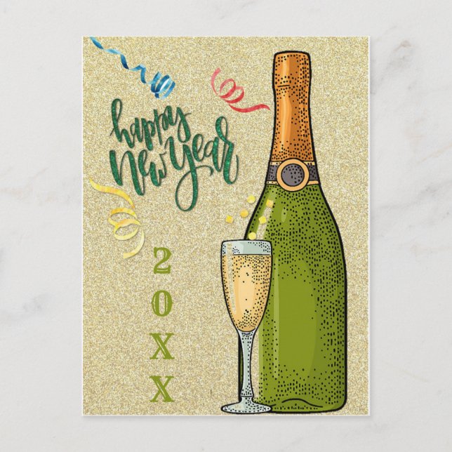 Cartão Postal Feliz ano novo Champagne Dourada Glitter (Frente)