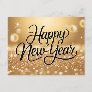 Cartão Postal Feliz Ano Novo com Brilho de Glitter Dourado Elega