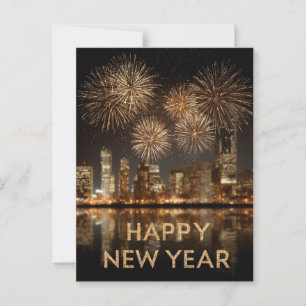 Cartão Postal "Feliz ano novo" com o Fireworks sobre uma cidade