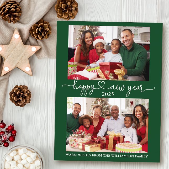 Cartão Postal Feliz ano novo de Caligrafia Verde 2 Foto (Customize to change your personalized text size or text style.)