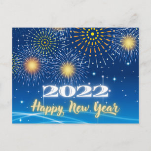 Cartão Postal Feliz ano novo de fogos de artifício azul e amare