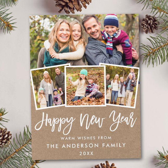Cartão Postal Feliz ano novo de Script de Pincel 4 Photo Kraft (Customize to change your personalized text size or text style.)