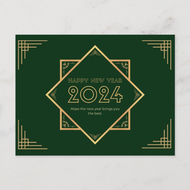 Cartão Postal Feliz ano novo Dourado E Verde 2024 (Frente)