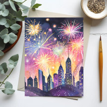 Feliz ano novo | Fireworks City Watercolor