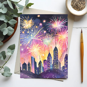 Cartão Postal Feliz Ano Novo Foguetes Noite da Cidade Aquarela