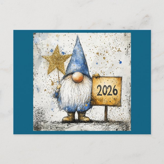 Cartão Postal Feliz ano novo Gnome, 2026, (Frente)