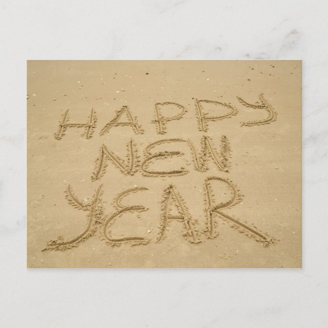 Cartão Postal Feliz ano novo na areia (Frente)