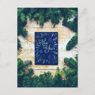 Cartão Postal Feliz Ano Novo Pinheiro Azul e Verde
