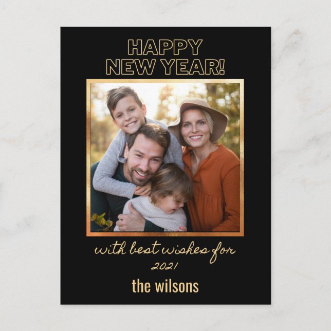 Cartão Postal feliz ano novo preto e dourado - foto de classe (Frente)