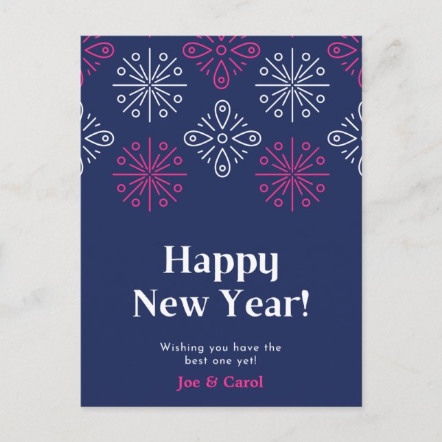 Cartão Postal Feliz ano novo Rosa E White Fireworks (Frente)