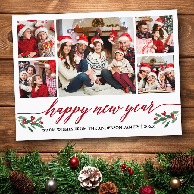 Cartão Postal Feliz ano novo Vermelho de Fotografia 5 Moderna Ca (Customize to change your personalized text size or text style.)