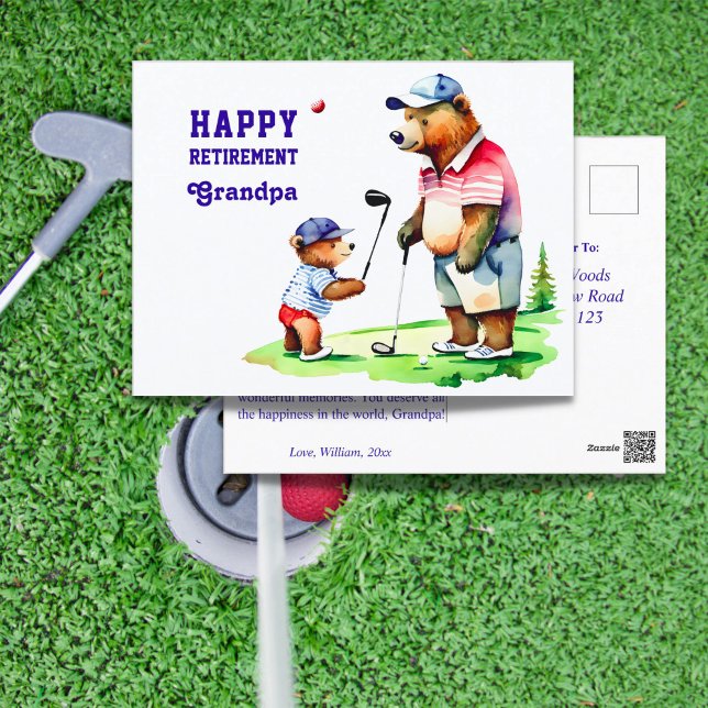 Cartão Postal Feliz aposentadoria, vovô de golfe temido (Happy retirement grandpa golf themed postcard cute teddy bear grandpa in golf clothes teaching cub)
