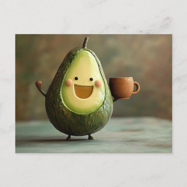 Cartão Postal Feliz Avocado Aproveitando uma Taça de Chá (Frente)