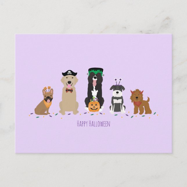 Cartão Postal Feliz Cachorro das Bruxas Roxo (Frente)