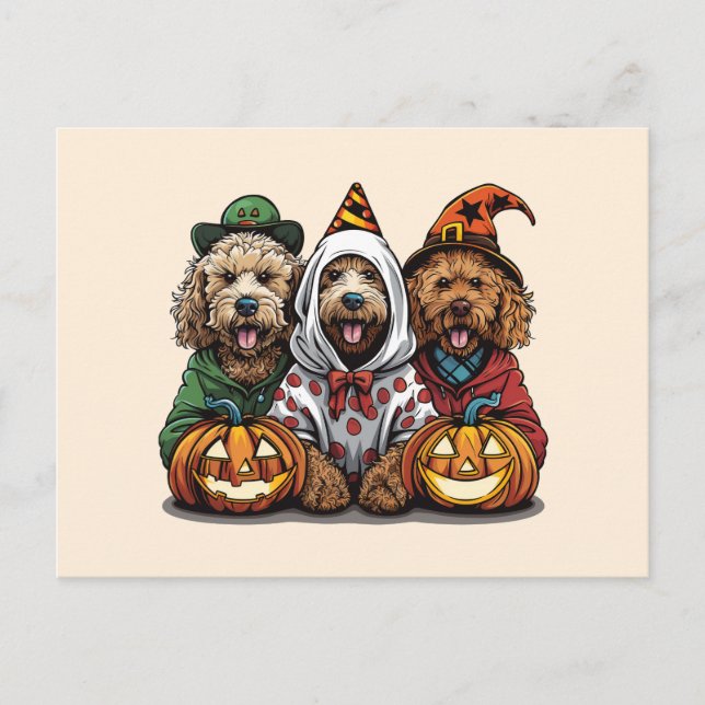 Cartão Postal Feliz Cachorro de Goldendoodle de Halloween (Frente)