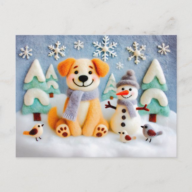 Cartão Postal Feliz Cachorro Jogando Neve com Snowman e Pássaros (Frente)